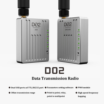D02 data link has three frequency bands and supports point-to-multi, relay and point-to-multi modes with 30km range.